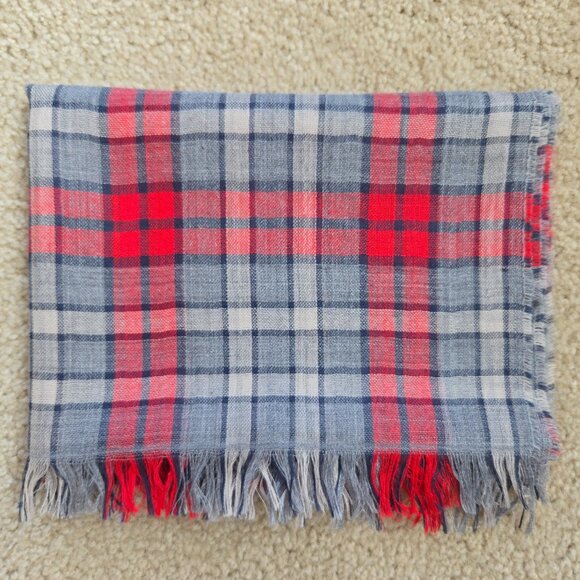 J. Crew Lightweight Wool Scarf Red Grey Plaid - Picture 1 of 8